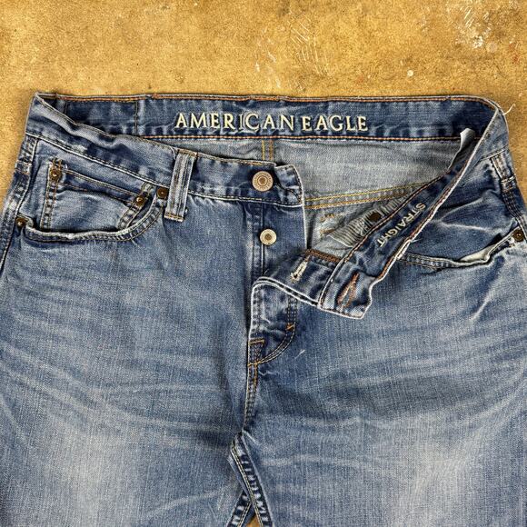 Y2K American Eagle Men’s 34x30 Straight‎ Leg Button Fly Jeans Blue Distressed - Picture 3 of 16